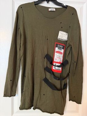 Distressed Olive Green Long Sleeve Shirt with Patch Detail, size S
